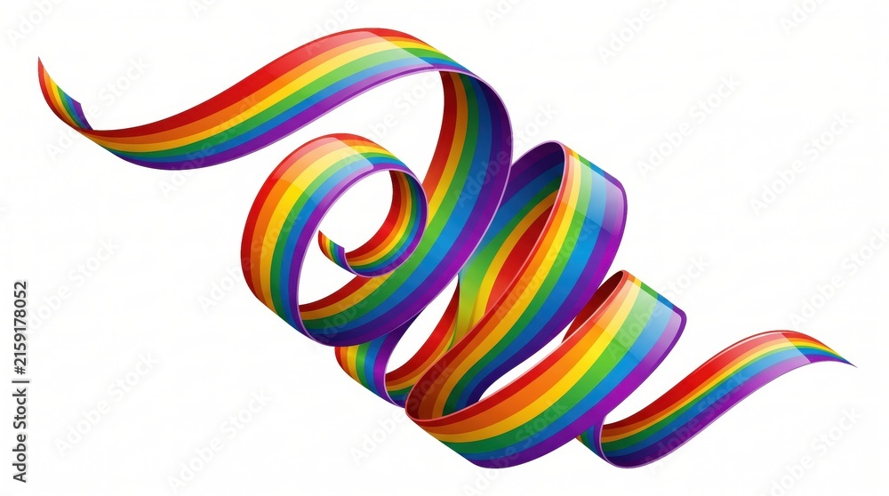 Fototapeta premium Rainbow spiral ribbon with glossy finish, colorful pride streamer on white background, vibrant 3D curved band for party and celebration decor
