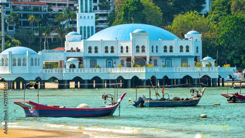 Malaysia, Penang Island. Georgetown sea-port-town with high-rise buildings on the coast.