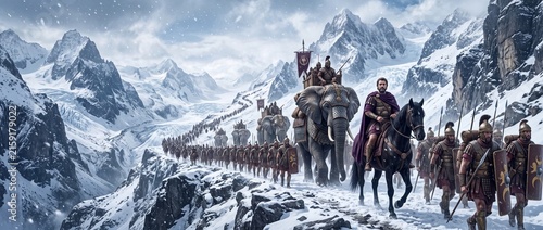 Hannibal crossing the Alps with war elephants and soldiers