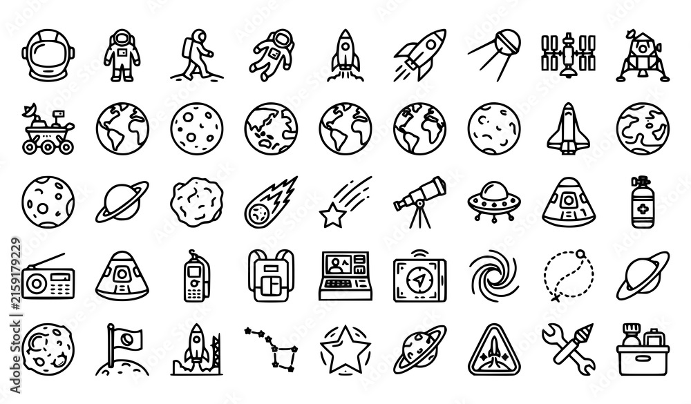 Fototapeta premium Space Astronaut and Cosmic Exploration Thin Line Icons Set Vector