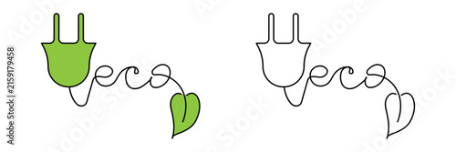 Green energy and electric power icons featuring a stylized electrical plug and leaf symbol in a modern flat design. Vector elements for EV charging, electric vehicles, renewable energy