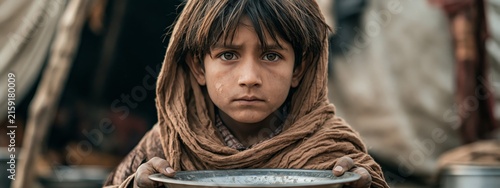Hungry Child Holding Metal Bowl in Poverty and Humanitarian Crisis
