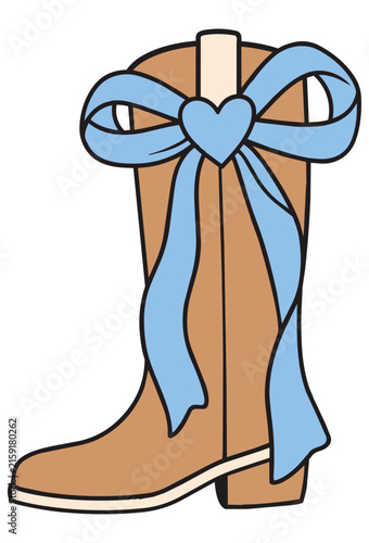 Illustrated Cowboy Boot with Blue Heart Ribbon
