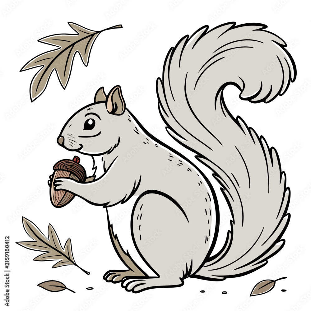 Obraz premium Gray squirrel holding an acorn with oak leaves, isolated on a white background, cartoon animal rodent