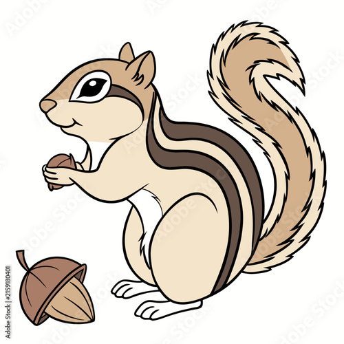 Cartoon chipmunk holding a brown acorn, standing on a white background, isolated animal squirrel rodent