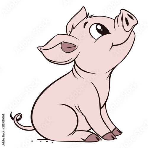 Cute pink piglet sitting and looking up, isolated on a white background, cartoon style animal