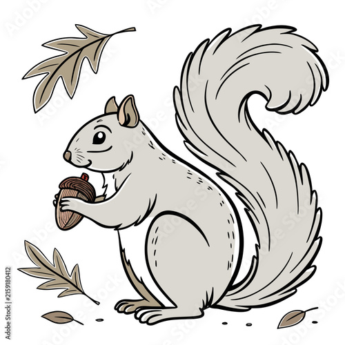 Gray squirrel holding an acorn with oak leaves, isolated on a white background, cartoon animal rodent