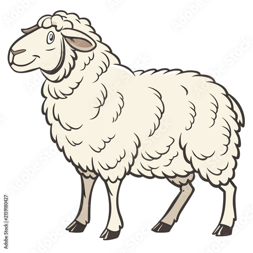 Fluffy white sheep standing on a white background, cartoon style farm animal lamb