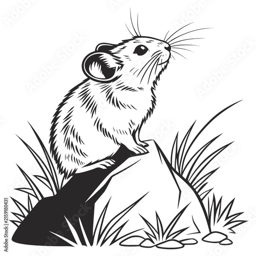 Small mouse sitting on a rock in the grass, black and white line isolated on white background rodent