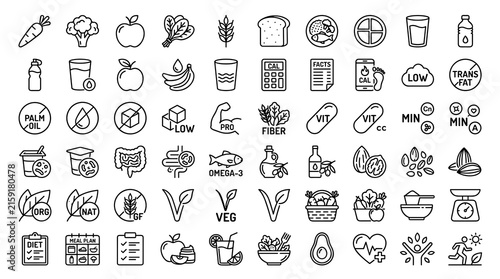 Fotografie Nutrition and Healthy Food Line Icon Set with Vegetables, Hydration, Calories, P
