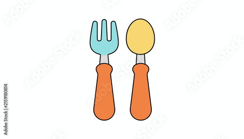Baby plastic fork and spoon with colorful orange handles isolated on white background in flat vector illustration style.