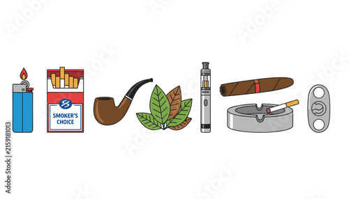 Vector illustration of tobacco smoking accessories including lighter, cigarettes, pipe, vape pen, cigar, and ashtray.