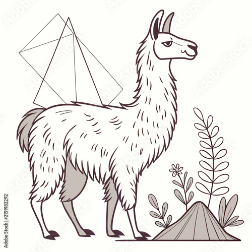 Llama standing near plants and geometric shapes, of an animal on a white background