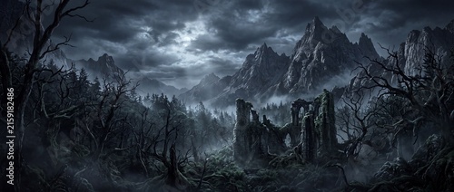 A Gothic landscape with a dark, mystical forest