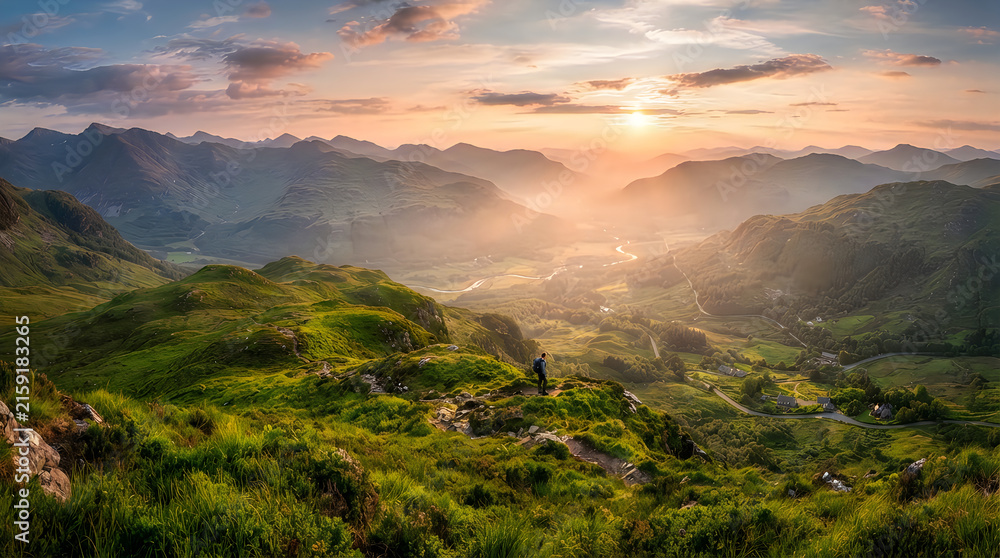 Obraz premium Breathtaking sunset view over the lush green mountains and valley in northern vietnam at golden hour