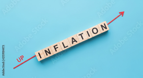 Inflation Rising. Wooden Blocks With Word Inflation Forming Upward Trend On Blue Background. Red Arrow Indicating Increase. Economic Crisis, Cost