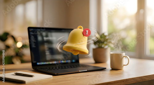 Three dimensional notification bell icon floating above a laptop screen on a wooden desk