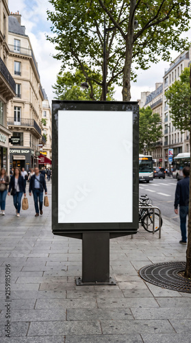 Photorealistic vertical outdoor citylight billboard mockup with a blank white poster on a paved city sidewalk with blurred urban background.