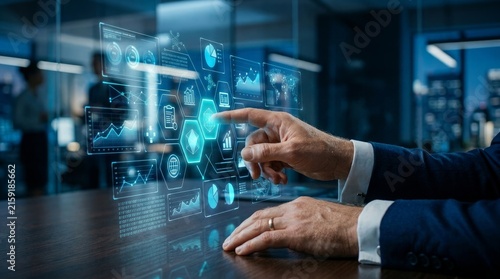 Person interacting with futuristic holographic interface in modern office