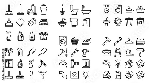 Cuadro en lienzo Household Cleaning and Maintenance Outline Icons Featuring Housekeeping Tools, L