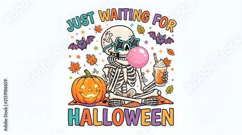 A colorful artistic illustration featuring a skeleton chewing bubblegum surrounded by pumpkins bats and festive decorations for a fun and spooky halloween celebration