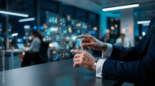 Person interacting with futuristic holographic dashboard in tech lab