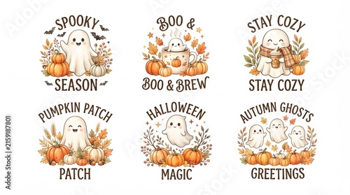 Set of six watercolor illustrations featuring cute ghosts pumpkins and autumn leaves with festive typography for seasonal halloween and fall holiday design projects