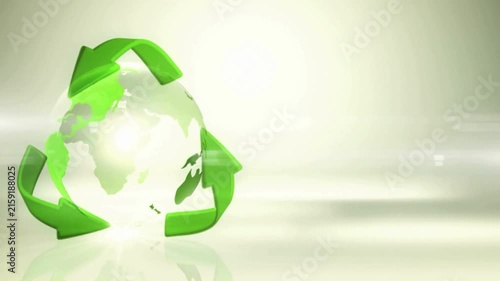 Sustainable earth globe with green recycling arrows rotating against bright white background represents environmental conservation in dynamic motion footage.