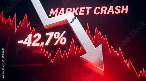 Glowing red stock market graph showing a steep downward arrow with percentage crash text, financial crisis concept, economic recession, stock market drop, global investment failure.