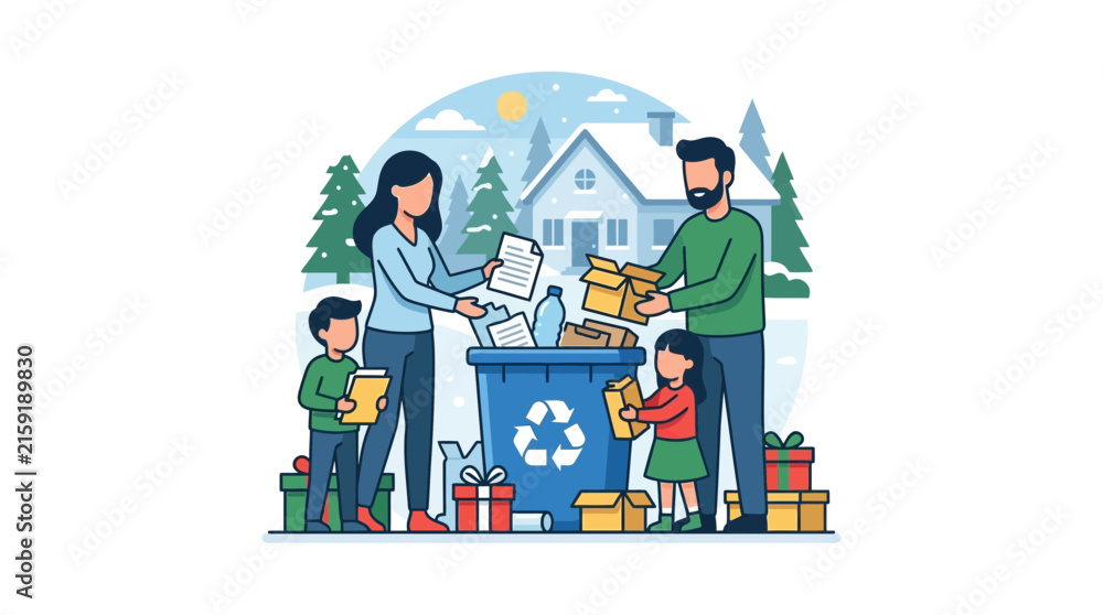 Naklejka premium Family Sorting Holiday Boxes Recycling Bin Christmas Outdoor Vector Illustration