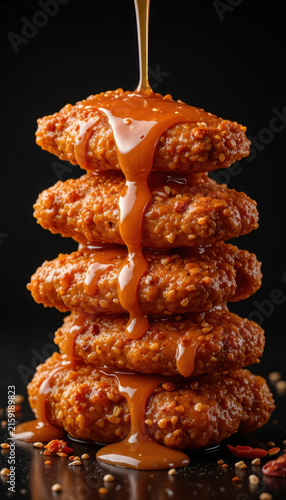 Deliciously stacked sesame coated chicken patties drizzled with rich, glossy sauce create enticing visual. vibrant colors and textures evoke sense of indulgence and flavor