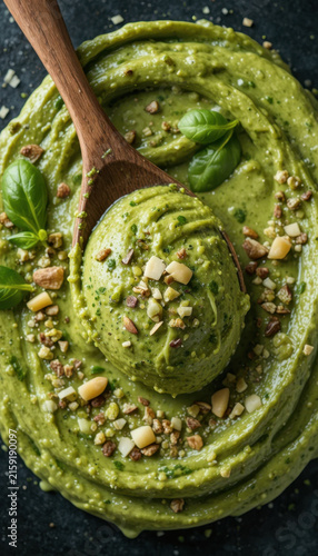 Creamy avocado spread garnished with chopped nuts and fresh basil, served on dark surface. This vibrant dish showcases rich green color and smooth texture, perfect for enhancing various meals