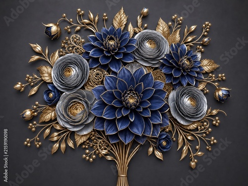 Dark blue and silver vertical 3D flowers