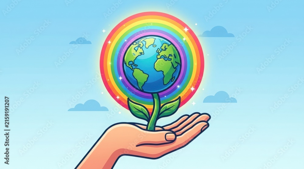 Fototapeta premium Hand holding earth flower with rainbow