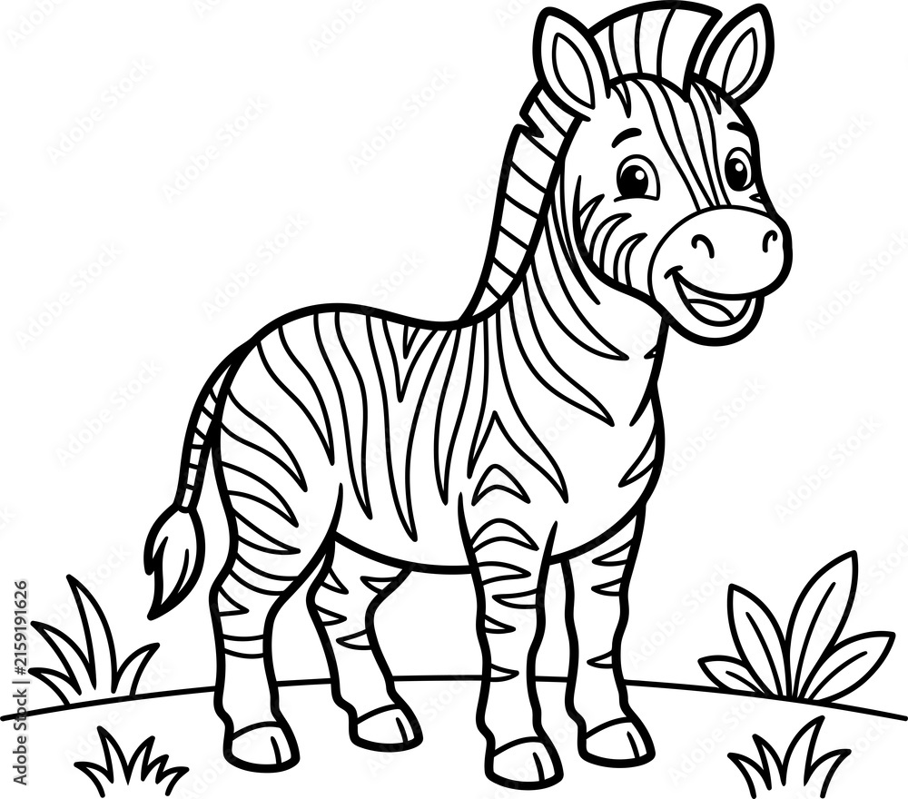 Naklejka premium Cute cartoon zebra illustration with grass and leaves isolated on transparent background