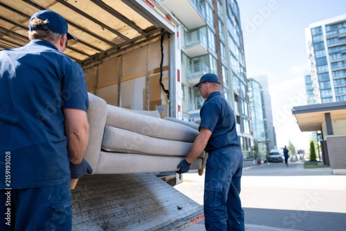 Two professional movers in blue uniforms loading a sofa into a truck. Men carrying furniture during residential relocation. Moving service concept