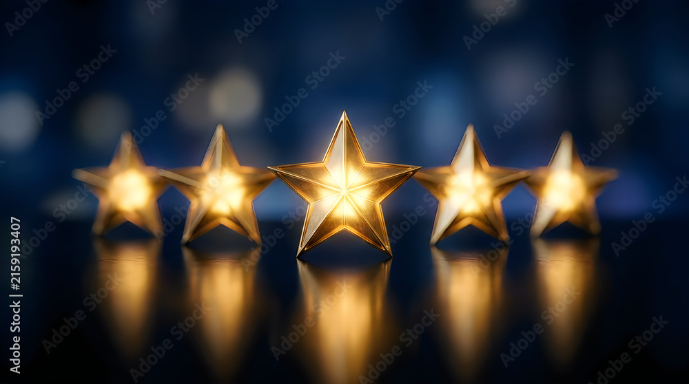 Fototapeta premium Five glowing golden stars arranged in a row representing high quality and excellent customer service rating