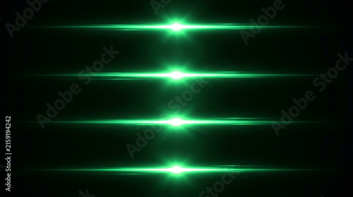 Set of Four Green Anamorphic Lens Flare Light Effects Isolated on White and Transparent Background
