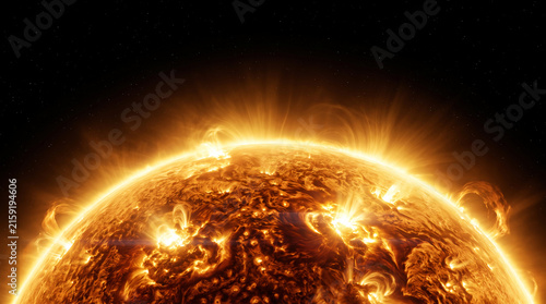 Sun Surface with Intense Solar Flares and Plasma Loops in Deep Space Astronomical View