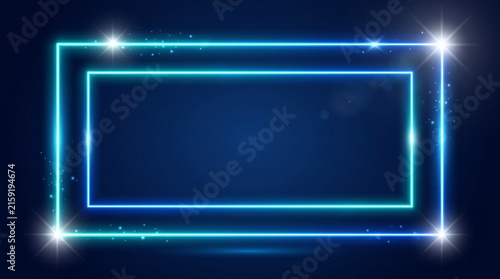 Modern blue neon double rectangle frame with light flares on transparent background isolated on white