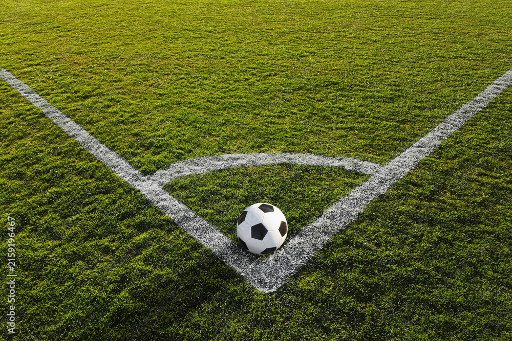 Fototapeta premium a soccer ball on the green grass on the line on corner in soccer stadium. corner kick.