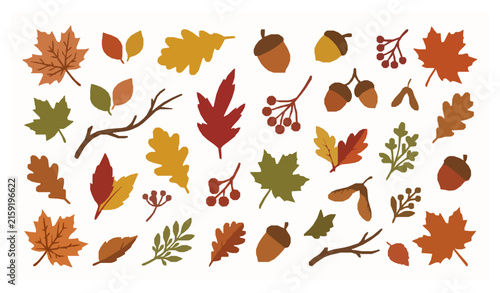 Abstract Autumn Falling Leaves and Woodland Elements Seasonal Vector Collection