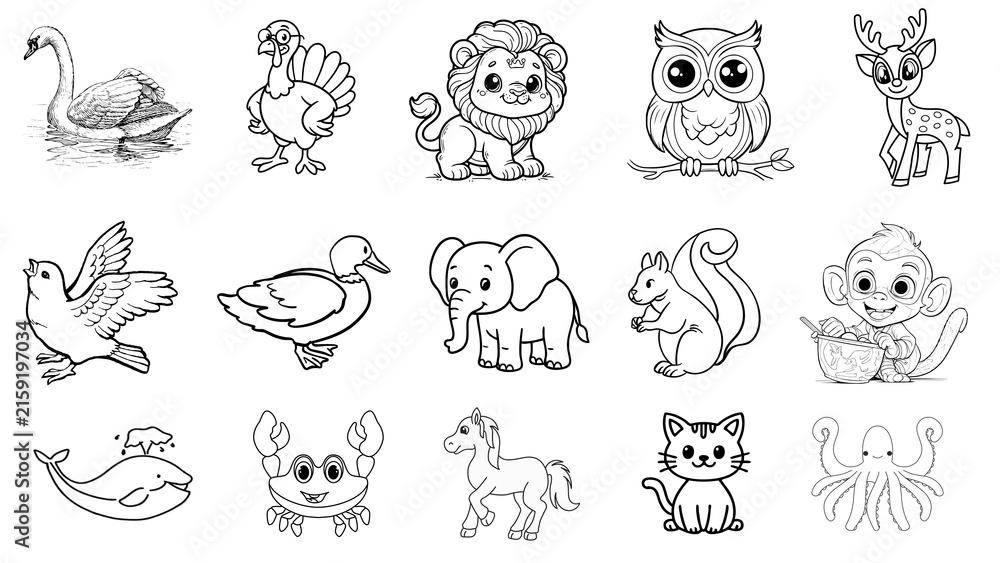 Obraz premium Cute Animal Collection Coloring Page Set Featuring Diverse Wildlife Characters with Bold Black Outlines on a Clean White Transparent Background Suitable for Childrens Activity Books