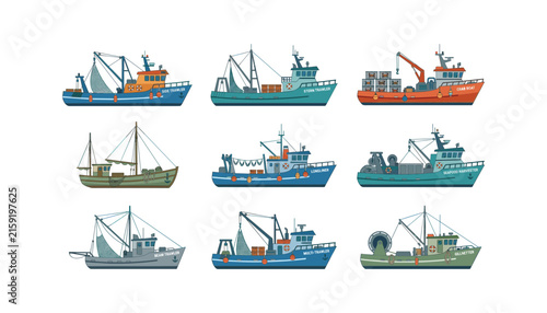 Commercial Fishing Boat Icon Set with Trawlers Ships and Seafood Vessel Collection Vector Illustration