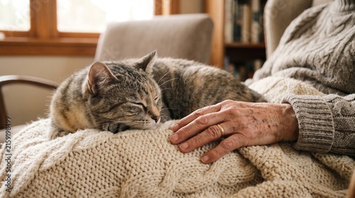 Cozy senior lifestyle scene with a grey cat sleeping on a knitted blanket in a warm living room.