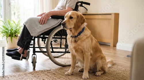Foto Golden Retriever sitting next to a person in a wheelchair showing companionship