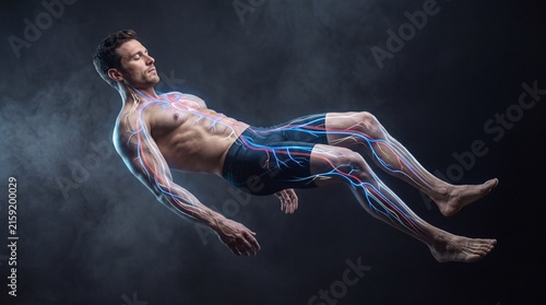 Floating muscular male figure with glowing red blue anatomical vascular system overlay against dark background with shirtless man floating void glowing blue veins cardiovascular