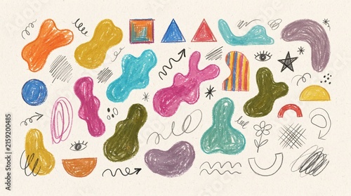 Set of abstract colorful crayon scribbles, organic blobs, geometric shapes, and hand-drawn doodles on textured background