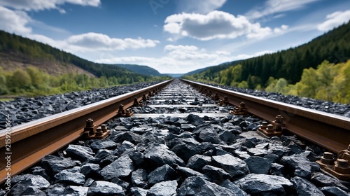 A scenic view of railway tracks stretching into the horizon with mountains nearby.