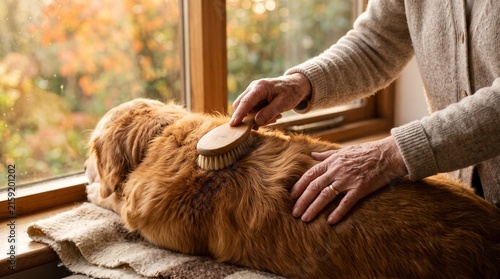 Elderly woman gently brushing a golden retriever dog indoors in autumn light